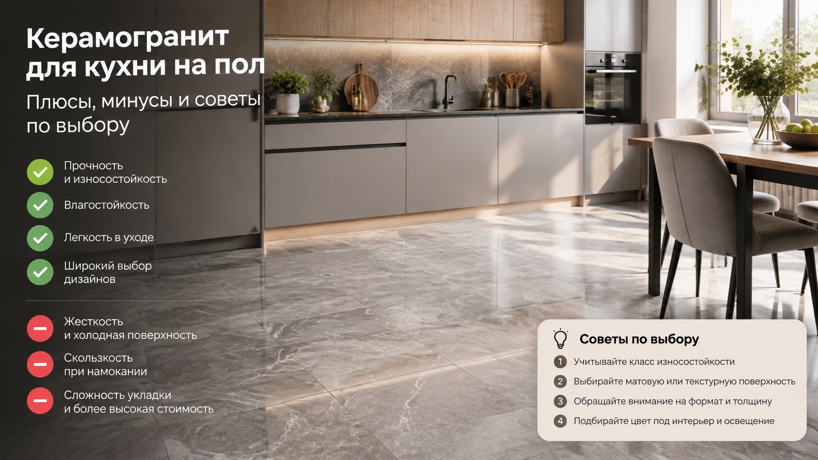 Керамогранит для кухни на пол: плюсы, минусы и советы по выбору