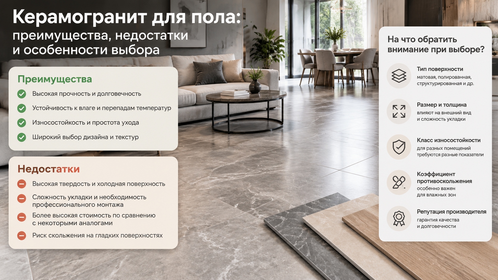 Керамогранит для пола: преимущества, недостатки и особенности выбора